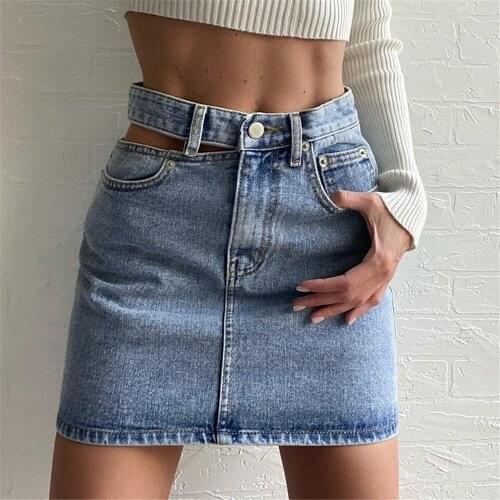 Women High Waist Denim Party Skirt Hollow Out Button Zipper Mini A-Line Skirt Ladies Sexy All-Match Female Night Club Wear