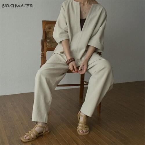Womens Suits Summer Loose Wide Legs Pants Plain Korean T-shirt tops and Trouser Women Matching Clothes Korean Two-Piece Sets