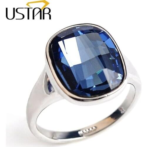 USTAR Blue Zirconia Crystal wedding rings for women Jewelry Silver color mood rings female anel bijoux top quality