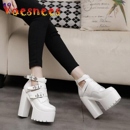 PLadies Zapatos Mujer Martin Fashion Chaussure Female Punk Female Platform Chunky High Heels 14cm Belt Buckle Shoes Woman Pumps