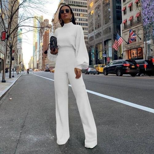 2021 Autumn Fashion Women Clothing Suit Long Sleeve Stand Collar Back Hollow Out Blouse+High Waist Wide Leg Pants Casual Shirts