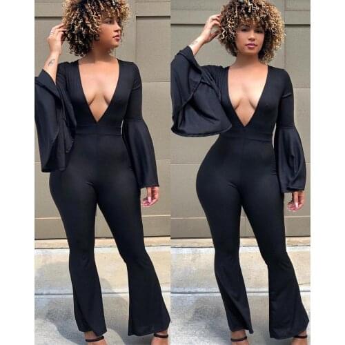 New Fashion Women Long Sleeve V-Neck Black The Locomotive Wind Personality Jumpsuits Long Pants Clothing Bodysuit