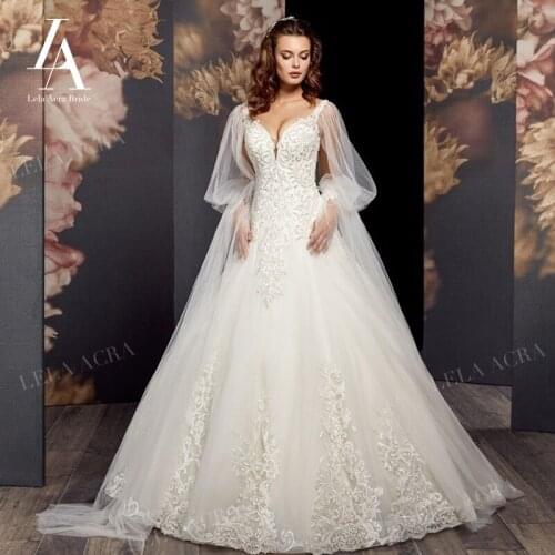 LelaAcra 2 In 1 Long Sleeve Wedding Dresses 2021 Appliqued A-Line Bridal Gown A-Line Princess AX77 Plus Size Vestido De Novia