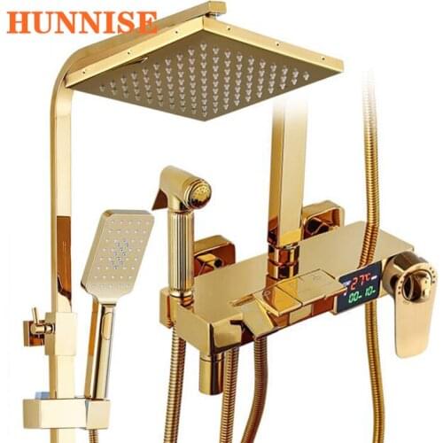 Gold Thermostatic Shower Set of 9 Inch Stainless Steel Rainfall Shower Head Brass Bathtub Faucets Digital Bathroom Shower Set