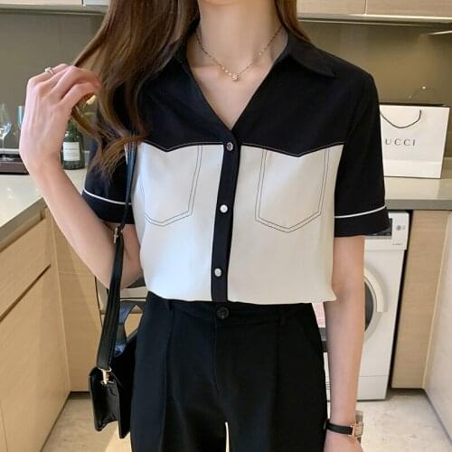 2021summer Fashion Contrasting lapel Casual Ladies Shirts Women Loose Short Sleeve Korean style Blouse shirt women
