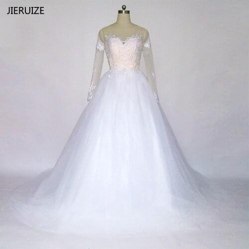 JIERUIZE White Vintage Lace Appliques Long Sleeves Wedding Dresses Ball Gown Backless Wedding Gowns robe de mariee