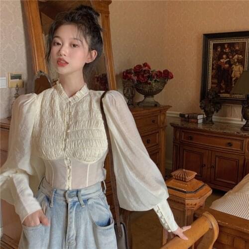 Original Design French Long Sleeve Short Women Front Buttons Blouse Retro Slim Shirt Female Korea Women Clothing