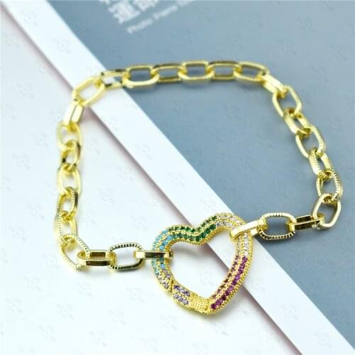 Fashion Love Heart Chain Bracelets Rainbow/With AAA Cubic Zircon New Design Copper Women Bangle for Christmas Party Gift 1PC