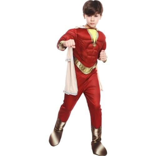Child Justice Superhero Muscle Jumpsuit Costume Halloween Purim Kid Boy Cosplay Shazan League Superhero Fancy Dress