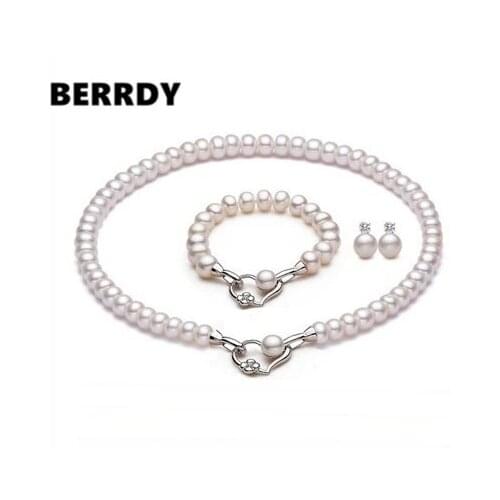 REAL PEARL Freshwater Pearl Jewelry Set Fashion Necklace Bracelet Earrings Set with 8-10mm Super Big Natural Pearls