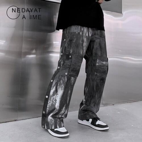 NEDAYATAIME Pockets Tie Dye Loose Joggers Harem Pants Streetwear Men Hip Hop Harajuku Casual Fashion Baggy Buttons Pant Trousers