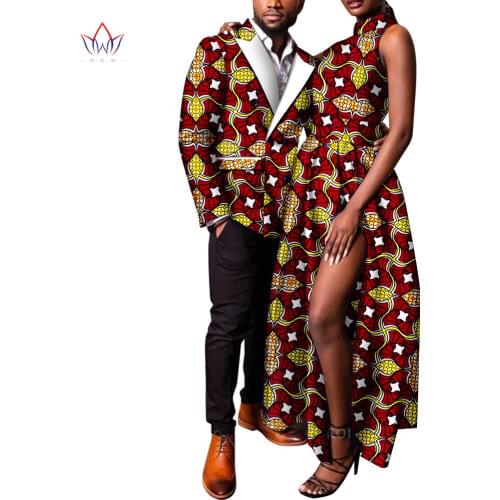 New BintaRealWax Couple African Clothes for Lover Sexy African Women Dress and Men Blazer Print Wax Lover Suits Party WYQ664