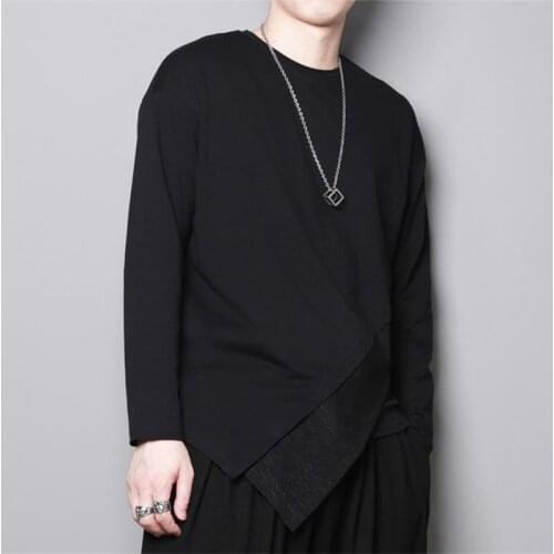 Autumn and winter dark design sense personality stitching irregular hem long sleeve round neck T-shirt mens bottoming shirt top