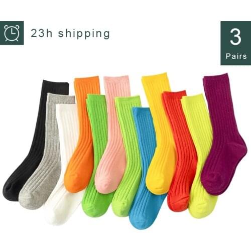 3Pairs/Set Autumn School Long Socks Vertical Tube Thick Retro Color Gift Crew Mid-Calf Solid for Toddler