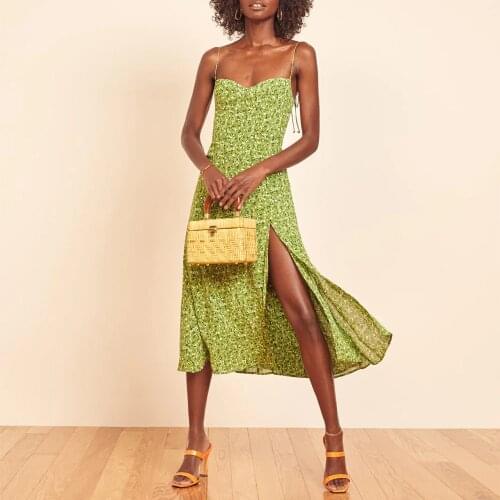 Floral Print Dress Women Summer Spaghetti Strap Tie Sexy Side Slit Beach Dress Vacation Clothing Chiffon Midi Dress Elegant