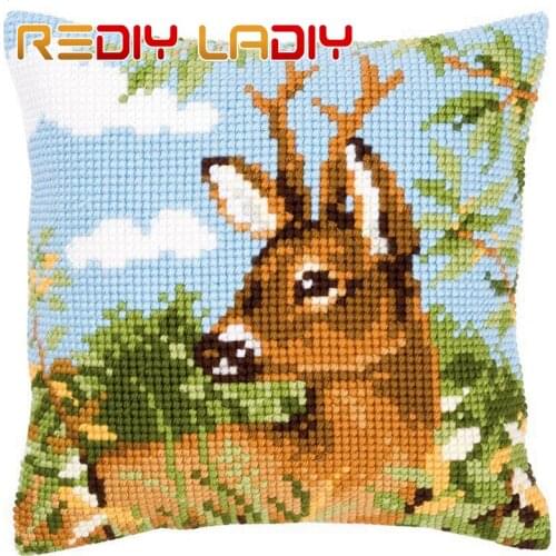 Cross Stitch Cushion Deer and Bird Make Your Own Pillow Chunky Cross Stitch Kits Pre-Printed Canvas Acrylic Yarn Pillow Case