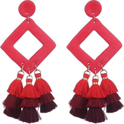 Manual Geometric Cutout Polymer Clay Rhombus Triple Tassel Dangle Earrings for Women Red Black Color Bohe Jewelry Gift Wholesale