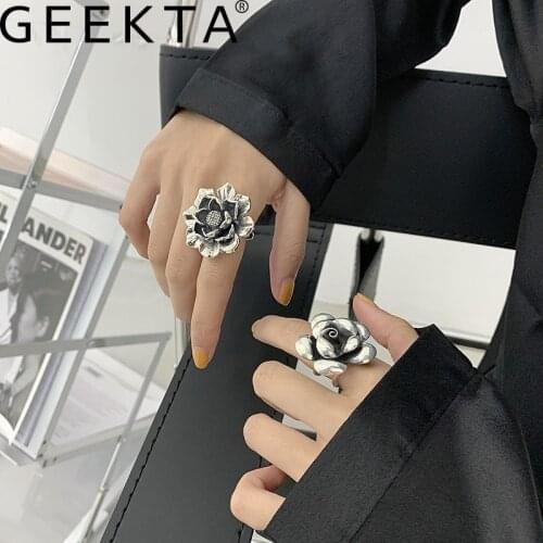 Silver Color Ring Fashion Exaggerated Flower Ring Peony Retro Simple Design Trendy Elegant Party Gift for Women