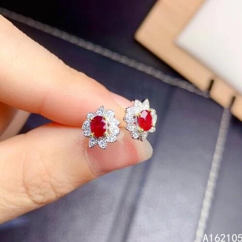 Fine jewelry 925 pure silver Chinese style natural ruby girl luxury classic fresh plant gem earrings ear stud support detection