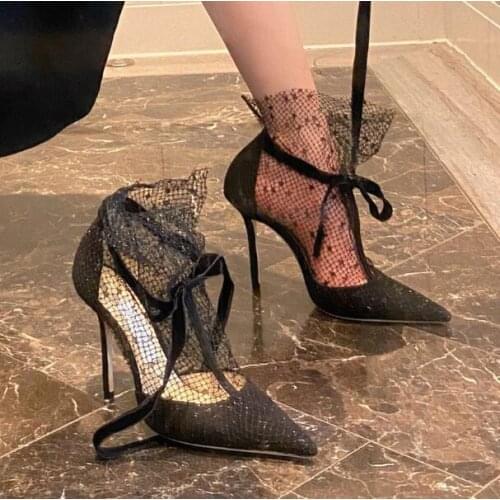 Fashion Ladies Black Lace Mesh Pointed Toe Pumps Woman Lace Up Front 7/9 cm Stiletto Heels Tube Short Night Club Party Shoes