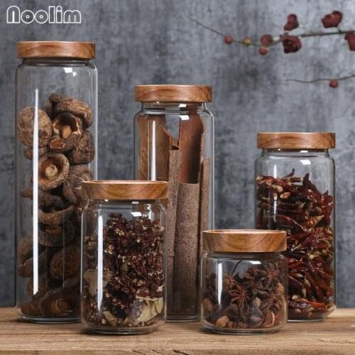 High Quality Glass Sealed Cans with Bamboo Lid Grains Tea Leaf Coffee Beans Candy Snack Storage Bottle Kitchen Food Storage Jar