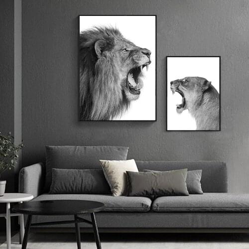 Wall Art Black White Lion Painting Animal Canvas Print Lion Pictures for Living Room Bedroom Kitchen Kids Room Decoration