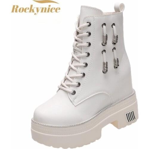 Womens Boots 2021 Autumn Thick Bottom Leather Short Boots 10cm Heels Chunky Sneakers Lace Up Winter Keep Warm Fur Ankle Boots