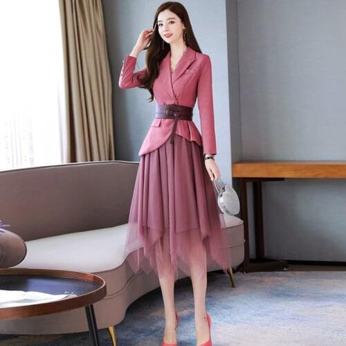 High quality ladies skirt suit feminine 2020 new spring casual elegant ladies blazer Fashion Half Mesh Skirt Two-piece
