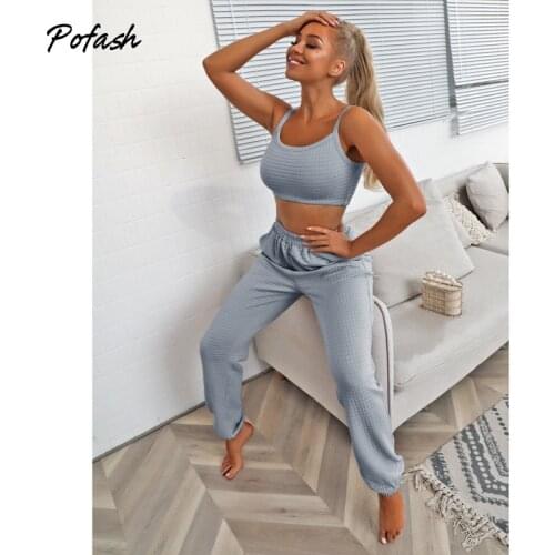 Pofash Gray Summer 2 Pieces Sets Women Clothing Tank And Long Pencil Pants Elastic Waist Pockets Casual Two Pieces Outfits 2021