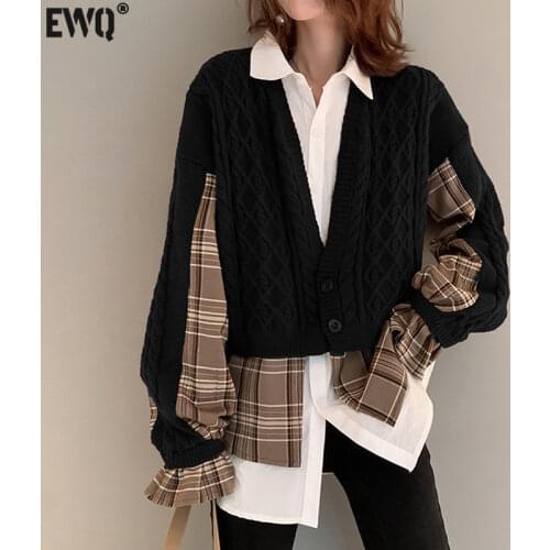 [EWQ] Korea Chic Knitted Cardigan Spliced Womens Autumn 2021 New Laple Loose Single Breasted Long Sleeve Sweater 2021 16E2810