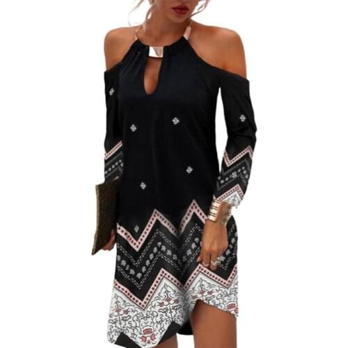 80%HOT Women Chain Halter Floral Print Hollow Out Off Shoulder Irregular Hem Mini Dress Streetwear for Party