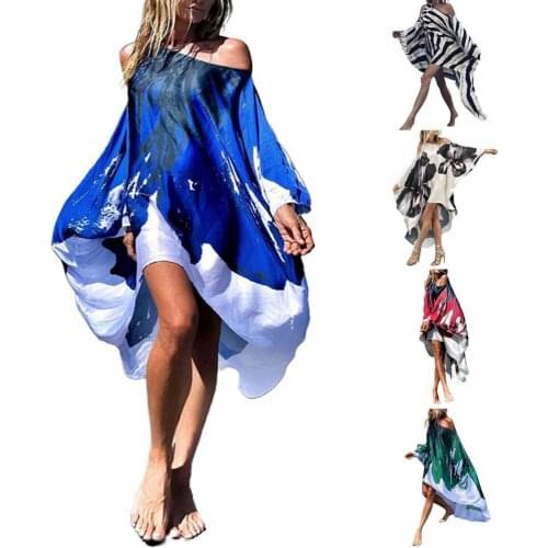 Beach Dress Batwing Sleeve Sexy Slash Off Shoulder Large Hem Floral Print Women Party Dress for Holiday