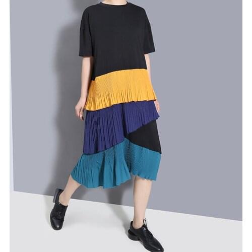Johnature High Street Fashion Summer Women Dresses 2021 New Casual Patchwork Ruffles Loose O-neck Hit Color Female Dress