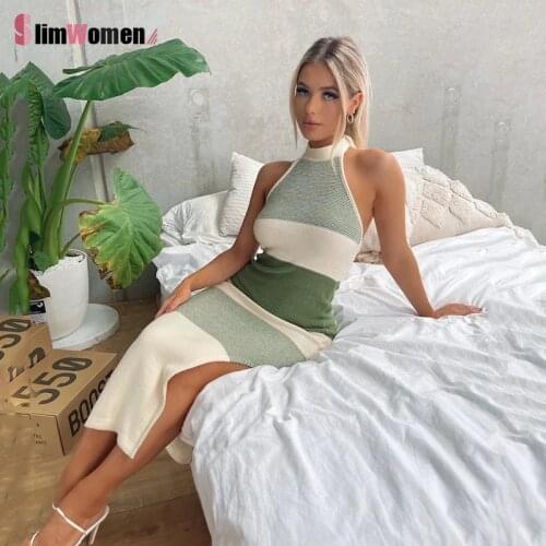 Color Block Knitted Striped Halter Midi Dress Sleeveless High Slit Backless Bodycon Robe Sexy Party Elegant Dress OL 2021 Summer