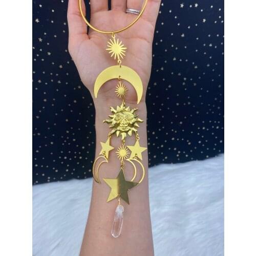 Large Crescent Moon Sun Stars Clear Quartz Crystal Gold Suncatcher Rainbow Maker Wall Hanging Decor Banish Evil Boho Decoration