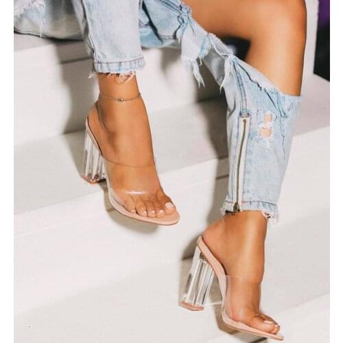 Sandal Woman Shoe Fashion Lady Sandal for Woman Shoe High Heel Thick Heel Fish Mouth Transparent PVC Slippers Shoes Chunky Heel