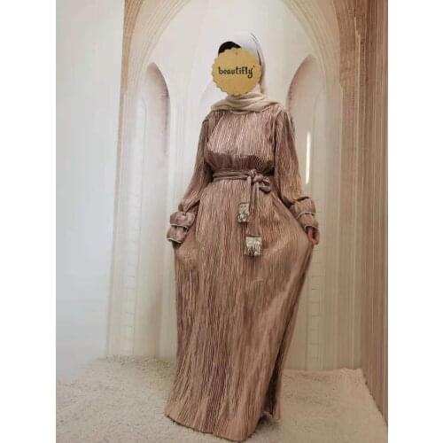 Eid Djellaba Abaya Dubai Full Length Pleated Muslim Dress Dubai Turkey Muslim Dress Islam Abayas With Belt WY58