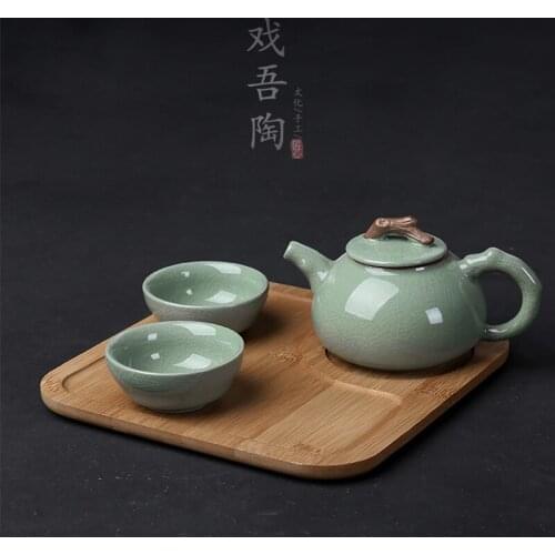 Chinese kungfu teaware one pot two cups portable travel tea set bamboo plate Japanese ceramic handmade puer tea service