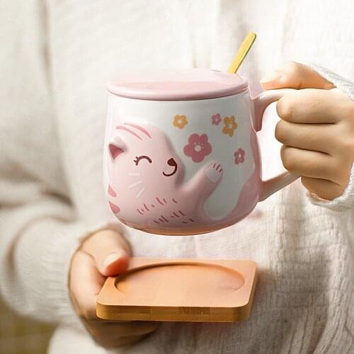 Korean Embossed Cat Mug Cartoon Ceramic Water Cup Home Spoon With Lids Lovers Beautiful Cup Friend Gift Coffee Tea Mug