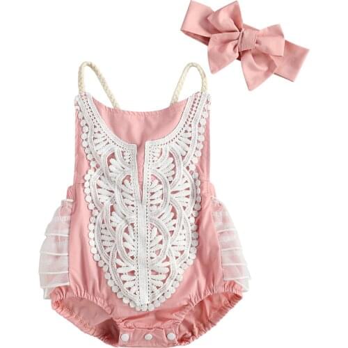 0-24M Summer Infant Baby Girls One Piece Lace Rompers Floral Printed Sleeveless Backless Ruffles Jumpsuits
