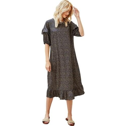 Summer Floral Print Loose Midi Dress Women Short Sleeve O-neck Casual Ruffles Patchwork Elegant A-line Korean Fashion Vestidos