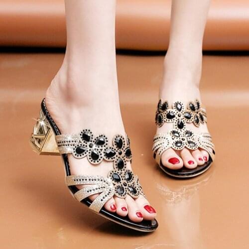 Lucyever Luxury Crystal Summer Women Slippers Fashion Open Toe Square Heels Slides Woman 2021 High Heels Sandals Party Shoes