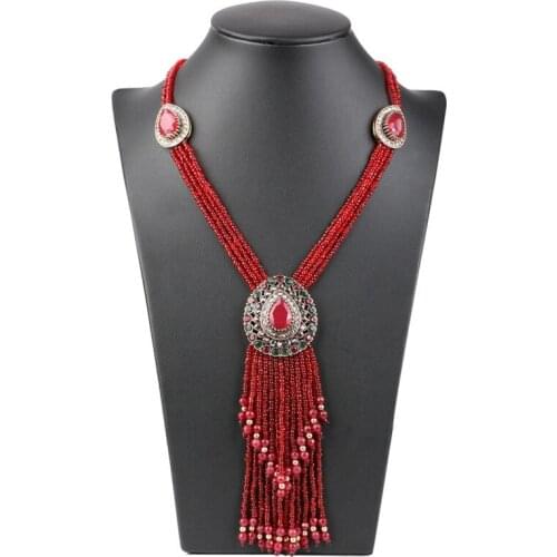 Fashion Graceful Women Necklace Boho Long Tassel Red Green Bead Hand-woven Neck Decoration 2021 New Mothers Day Gift Accessories
