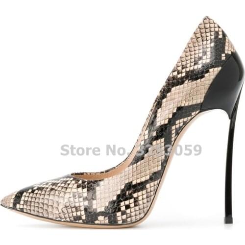 ALMUDENA Newest Sexy Snakeskin Printed Metal Heel Dress Pumps Sky High Metal Heels Nightclub Girls Shoes Gladiator Pump Dropship