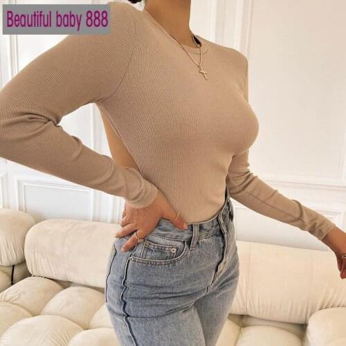 Meqeiss 2021 New Summer Solid Knitting Bodysuit Women Slim Long Sleeve O Neck Sexy Backless Clothing Lady Fashion Body suit