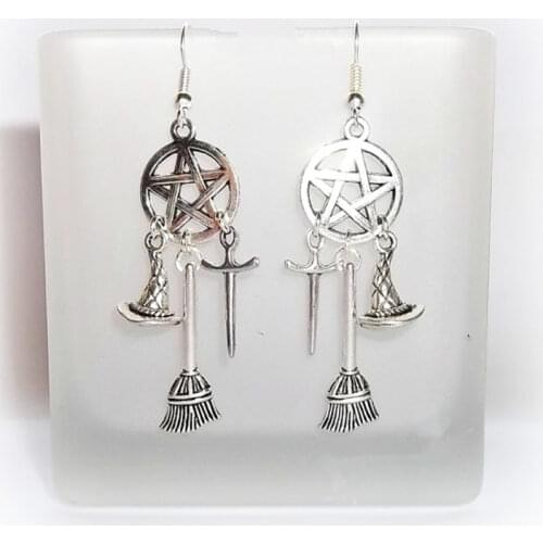 New Wicca Pentagram Witch Hat Witch broom witch sword earrings Fashion Womens Earrings 2019