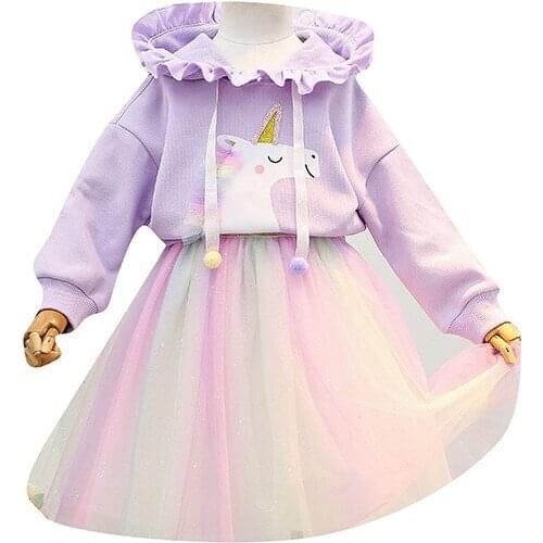 Autumn New Girls Suits Cartoon Hooded Sweater +rainbow Veil Skirt Two-piece Suit 2 5 8 3t Girls Clothes Hooded