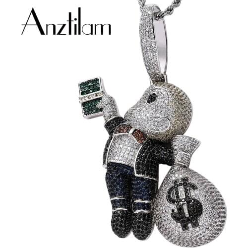 Hip Hop Bling Iced Out Boy With Money Bag Pendants Necklaces Paved Setting Zircon Cuban With Rope Chain Choker For Men’s Jewelry