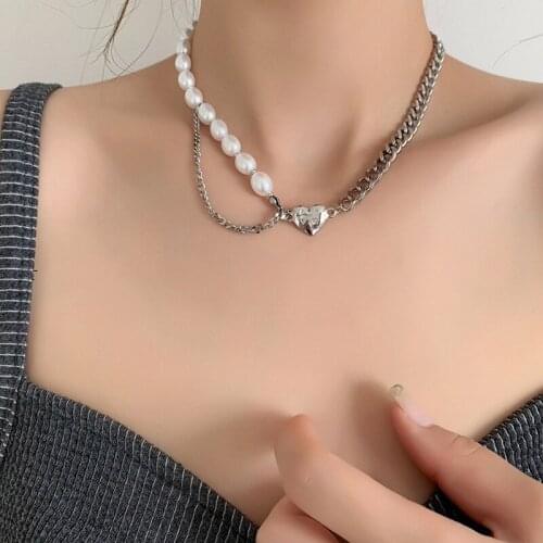 Lifefontier Vintage Love Heart Pendant Baroque Pearl Necklaces for Women Gold Silver Color Metal Chain Choker Necklace Jewelry