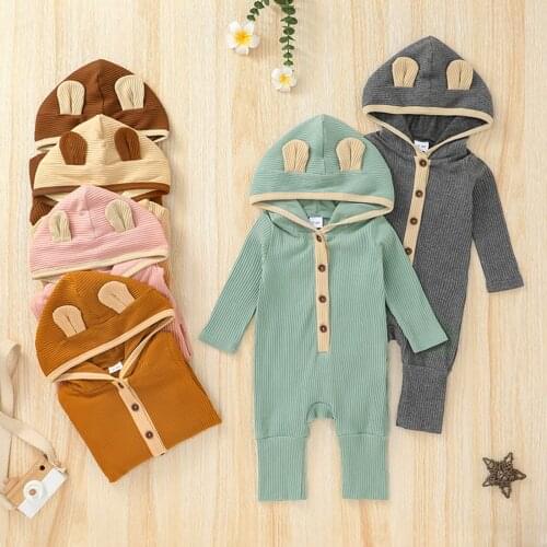 Wallarenear 0-12M Infant Baby’s Boy Girl Casual Long Sleeve Jumpsuit Fashion Contrast Color Button Hooded Romper
